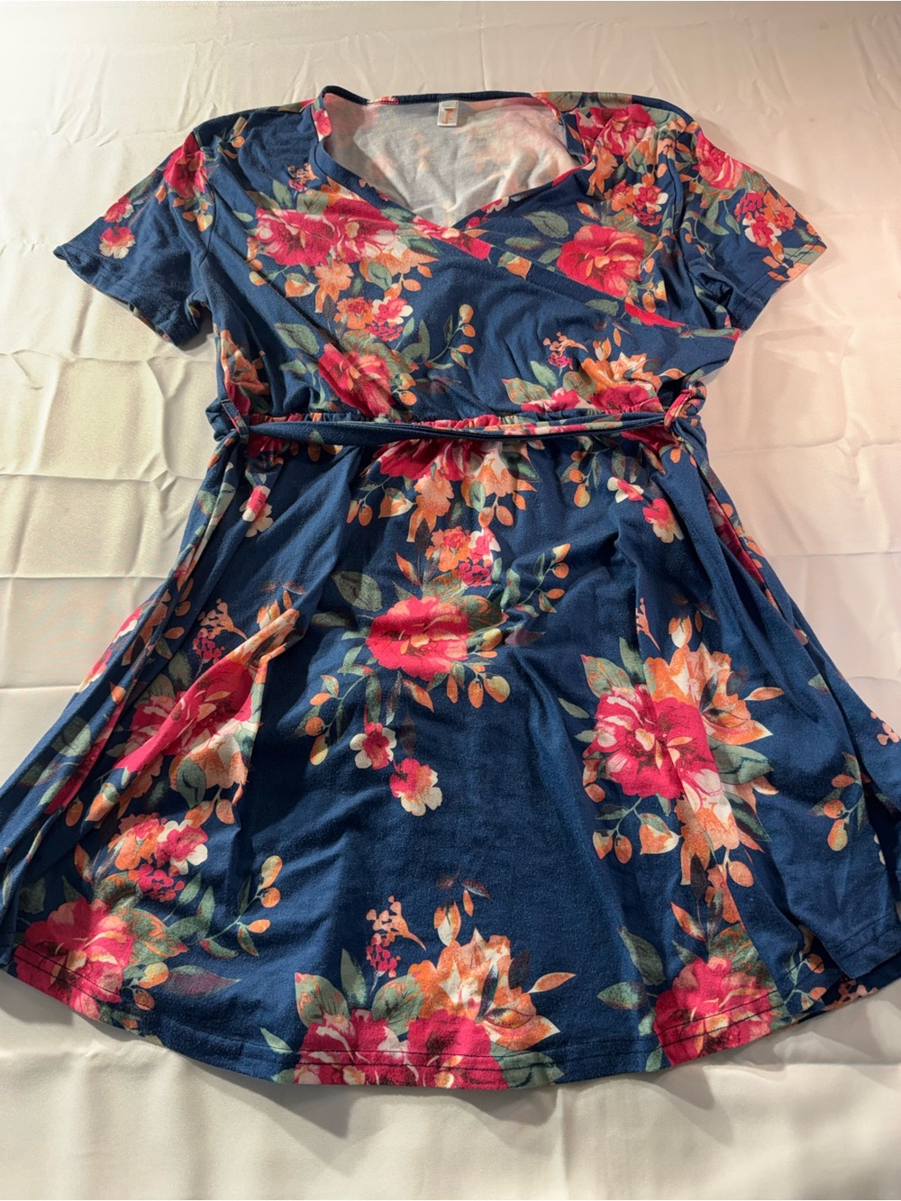 3XL Navy Floral Wrap Dress with Pink & Orange Blooms